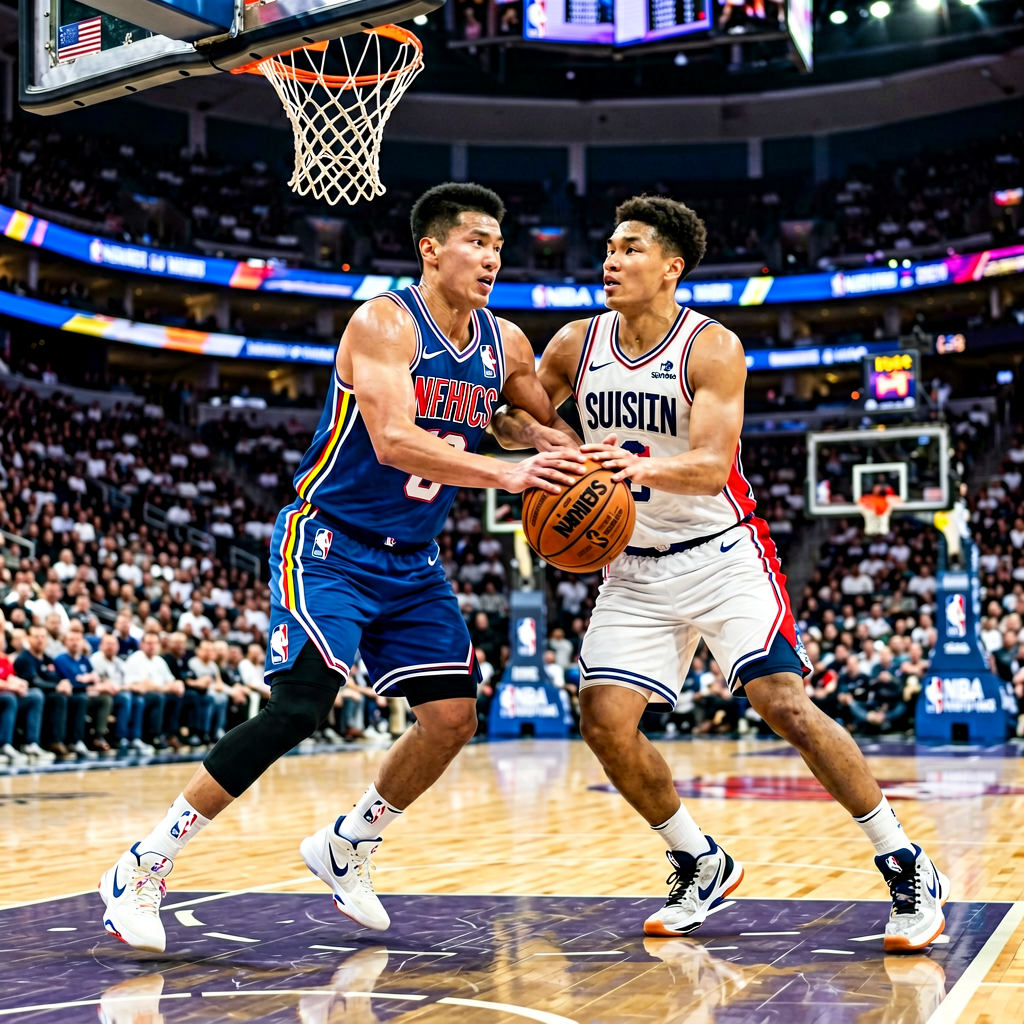NBA篮球比赛场馆内球员进行激烈对抗